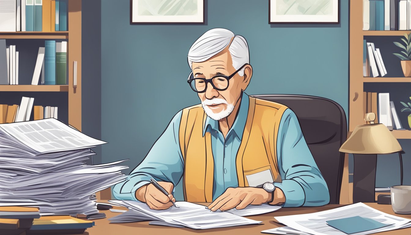 An elderly person sitting at a desk, surrounded by paperwork and insurance brochures, carefully considering their options