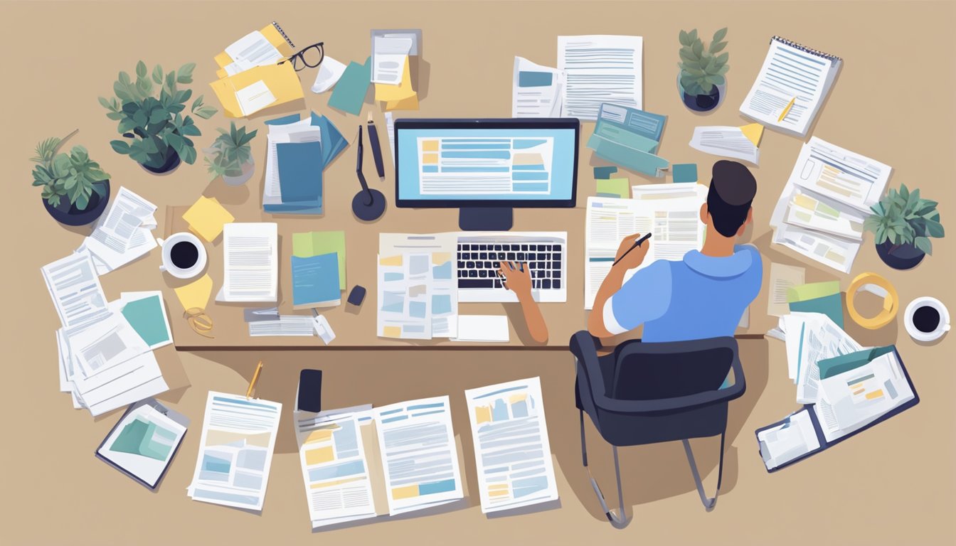 A person sitting at a desk, researching and comparing different funeral insurance providers for their parents. Papers and a laptop are spread out in front of them