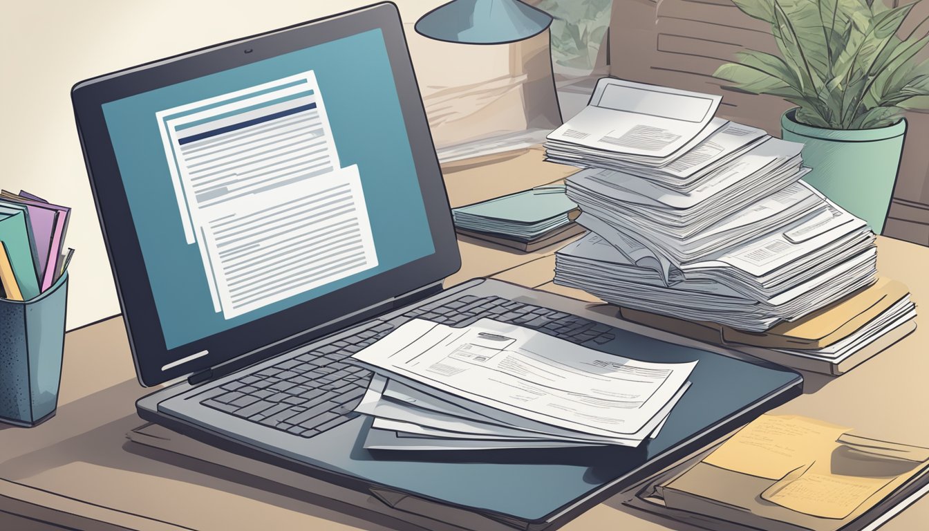 A desk cluttered with paperwork, a computer screen displaying insurance policy details, and a stack of brochures for burial insurance