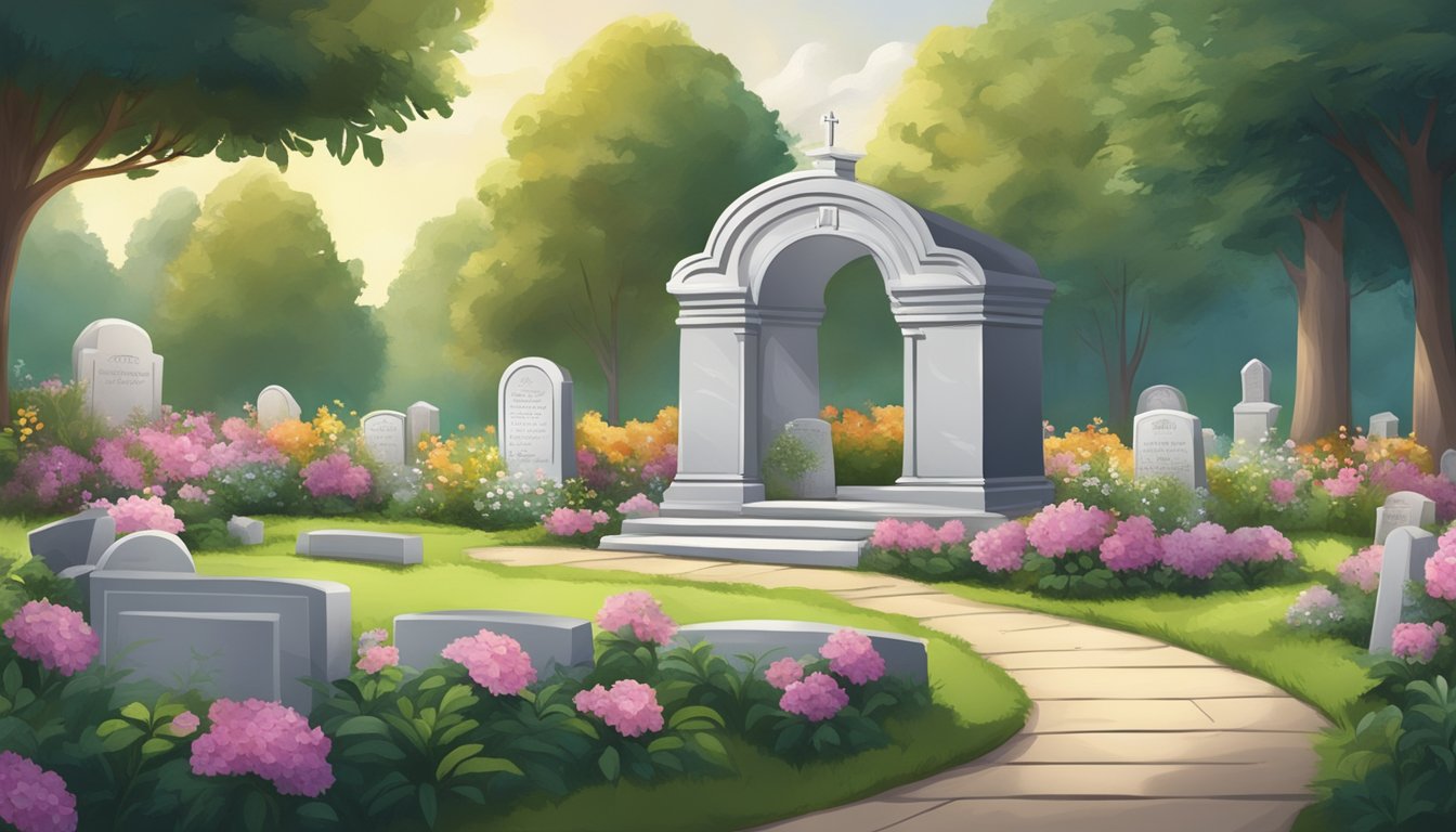 A serene cemetery with a peaceful atmosphere, surrounded by lush greenery and flowers, with a simple headstone marking the final resting place