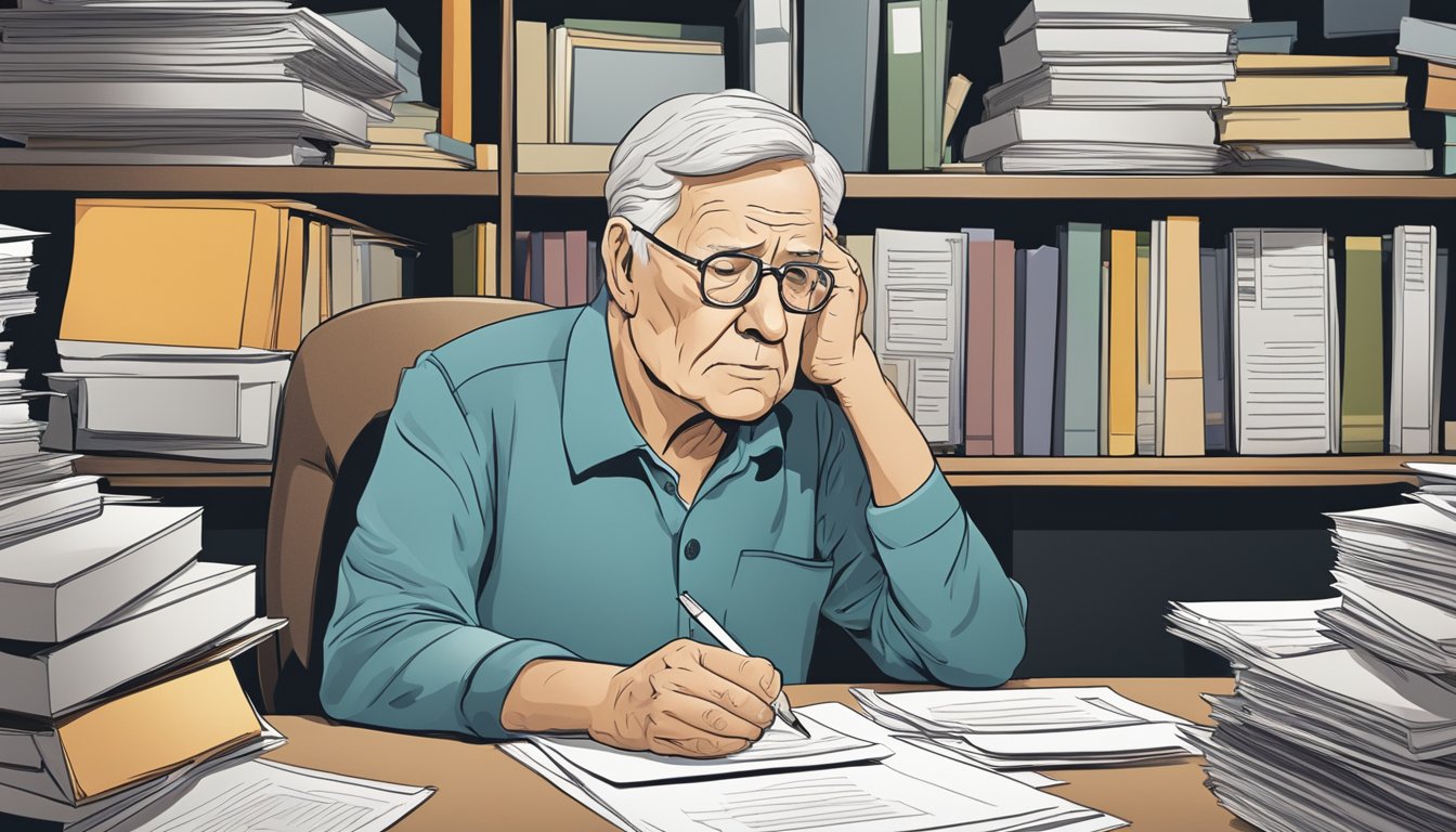 An elderly person sitting at a desk surrounded by paperwork, a pen in hand, with a concerned expression