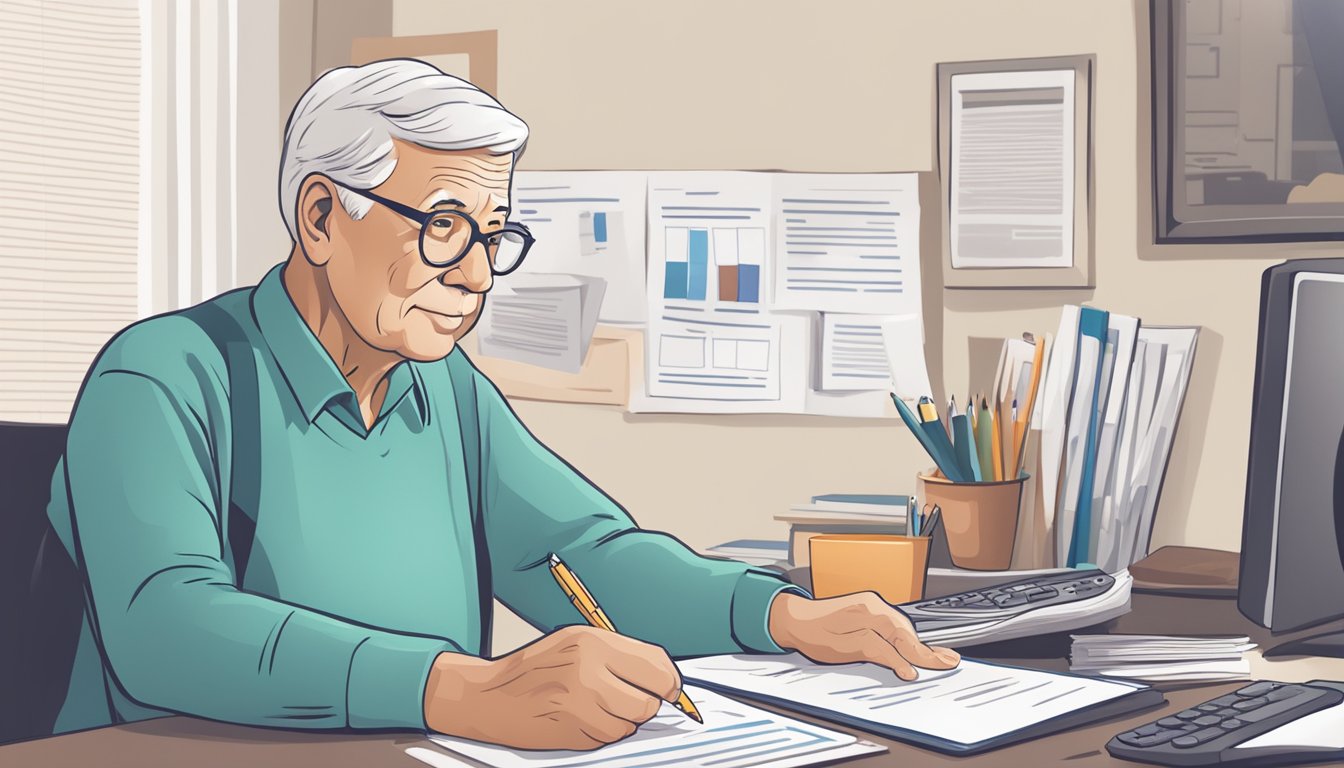 An elderly person sitting at a desk with paperwork, a calculator, and a pen, looking over burial insurance options