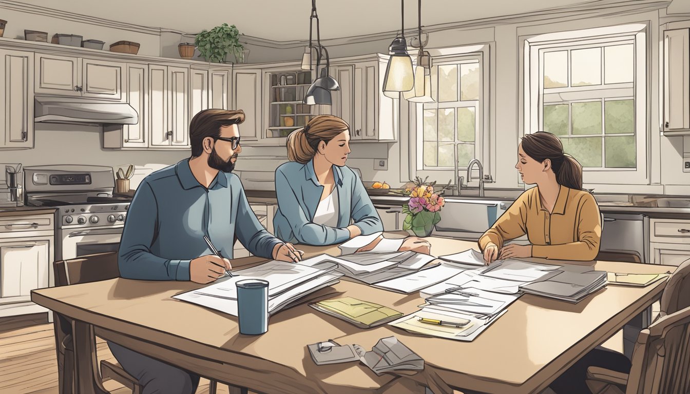 A family sitting around a kitchen table, discussing funeral insurance options with papers and pens scattered across the surface