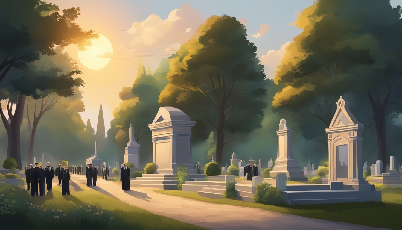 A somber funeral procession walks through a peaceful cemetery, surrounded by lush greenery and tall trees. The sun sets in the distance, casting a warm glow over the scene