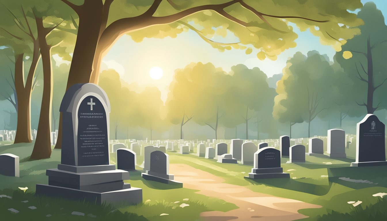 A serene, sunlit cemetery with a small, simple headstone and a peaceful atmosphere, conveying the concept of burial insurance for an 83-year-old