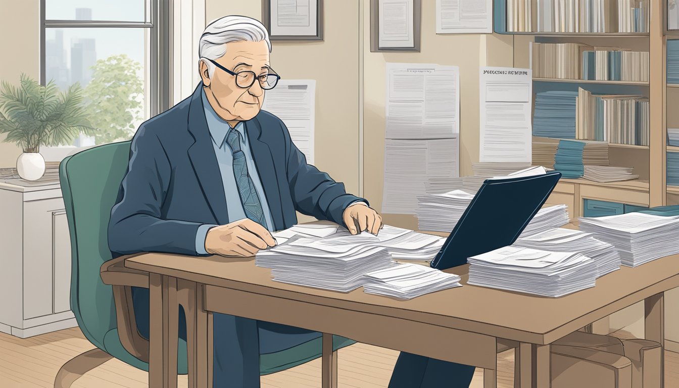 A serene elderly figure sitting at a desk, surrounded by paperwork and insurance brochures, carefully considering options