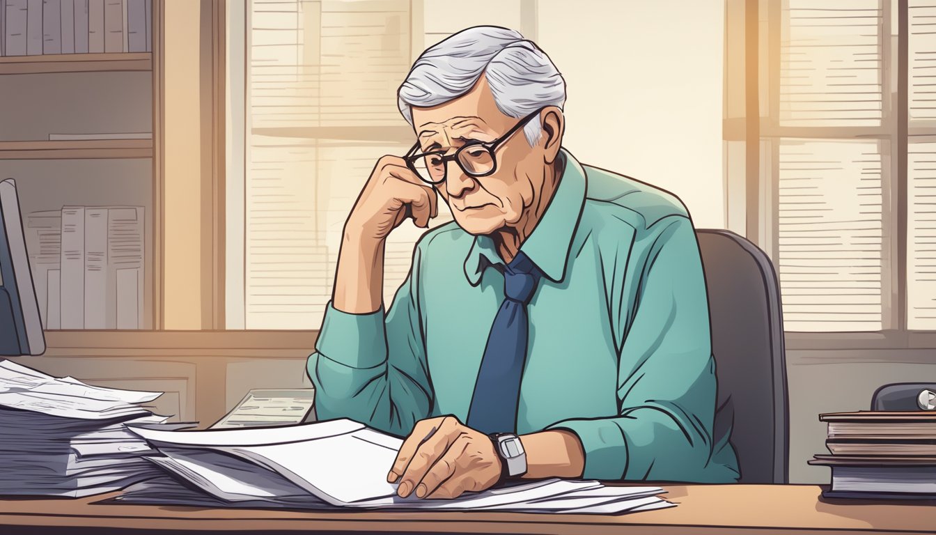 An elderly person sitting at a desk, surrounded by paperwork and a calculator, with a concerned expression while considering burial insurance options