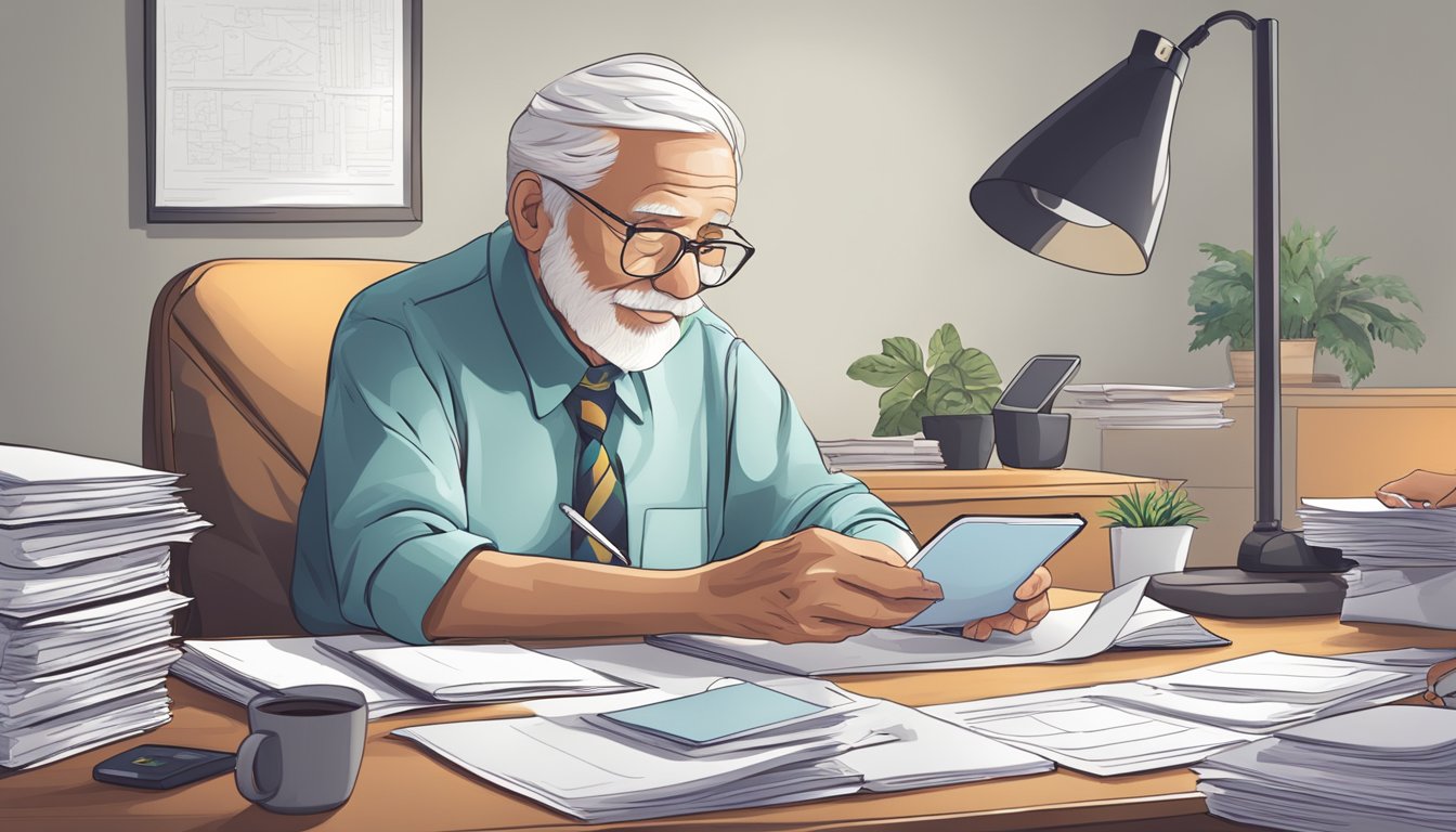 An elderly person sitting at a desk filling out paperwork, with a phone and a stack of documents nearby