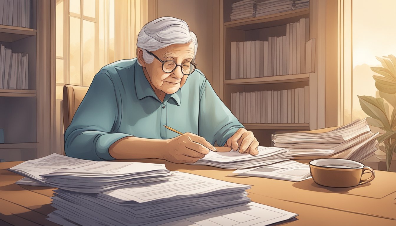 A serene elderly person sitting at a desk, surrounded by paperwork and insurance brochures. A warm and comforting atmosphere with soft lighting