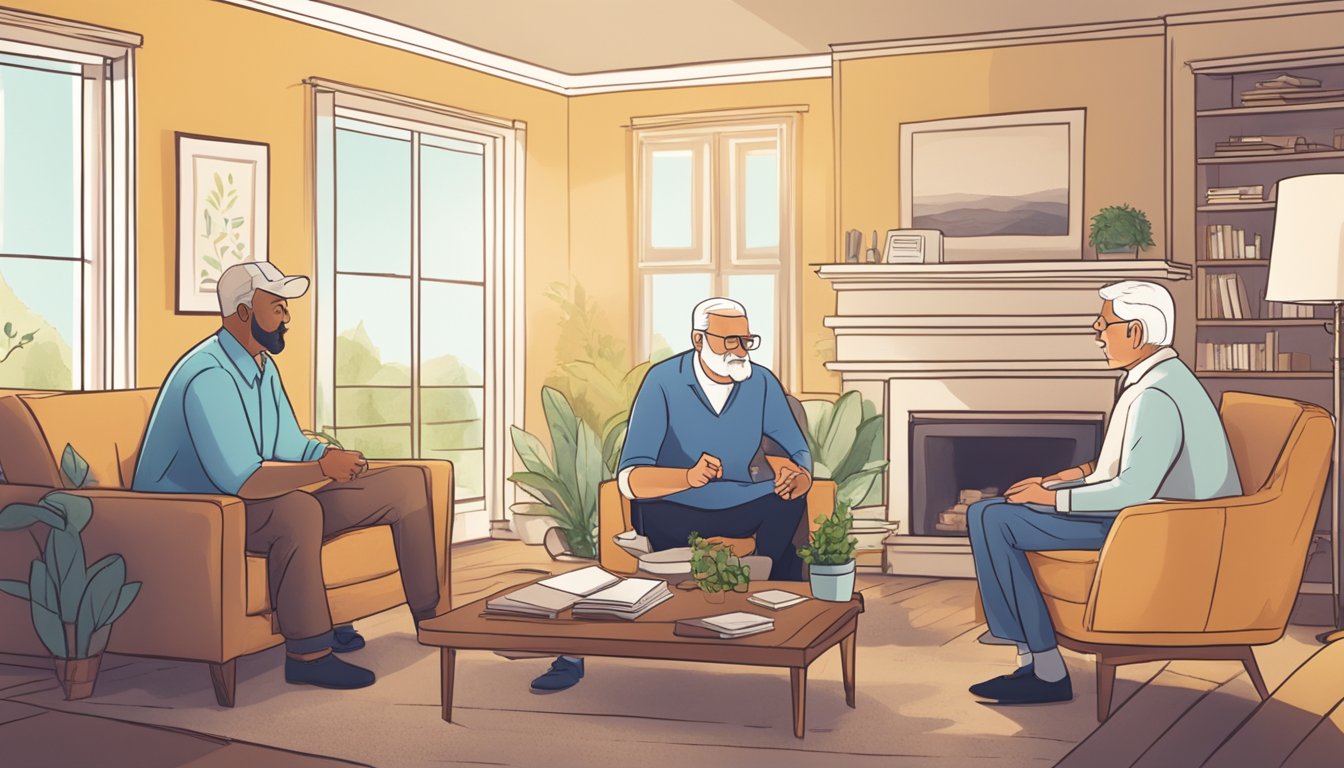 An agent discussing final expense insurance with a senior couple in their living room