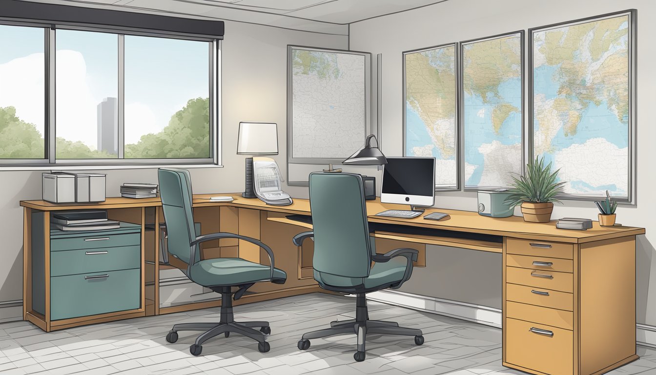 An office desk with a computer, phone, and paperwork. A map of the local area hangs on the wall