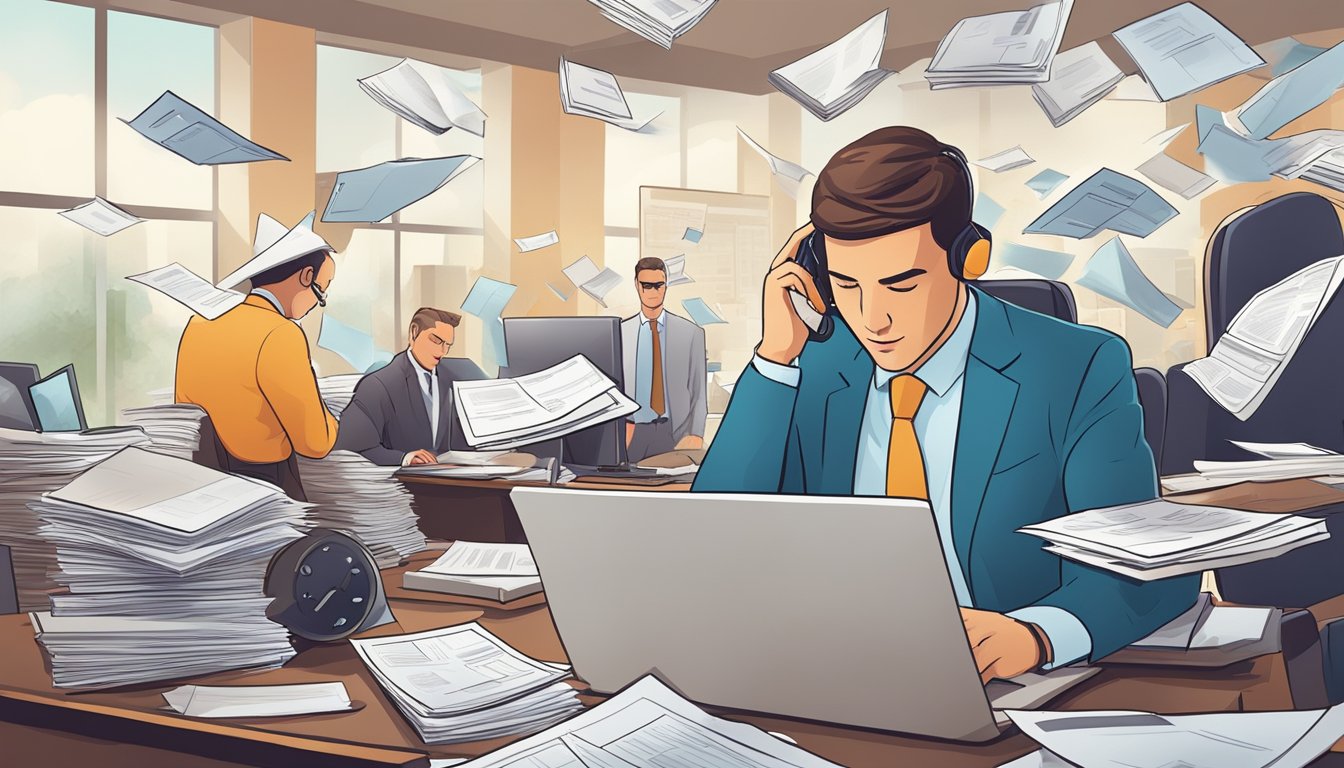 An agent swiftly processing final expense insurance claims in a busy office setting. Phones ringing, papers flying, and a sense of urgency in the air