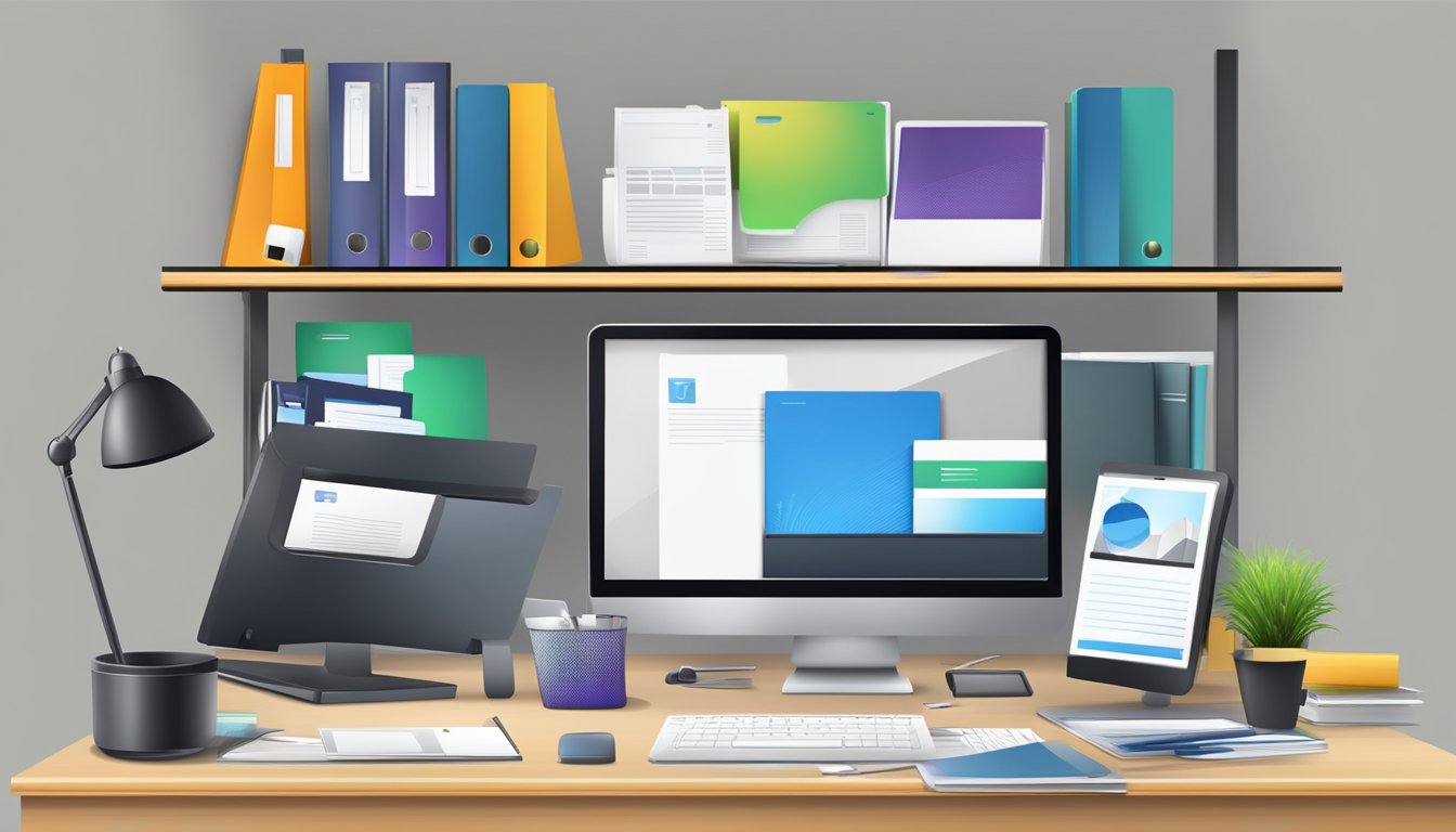 A desk with a computer, phone, and paperwork. A shelf with binders and brochures. A sign with the company logo