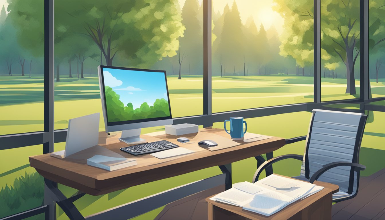 An office desk with a computer, phone, and paperwork on one side, and a serene outdoor setting with a park and a walking trail on the other side