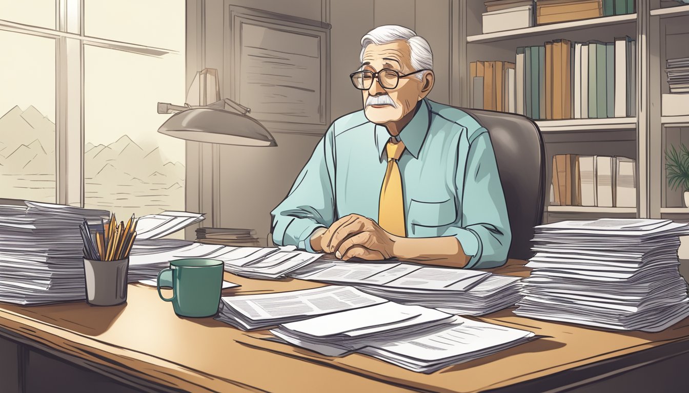 A serene elderly person sitting at a desk surrounded by paperwork and insurance brochures, with a thoughtful expression on their face