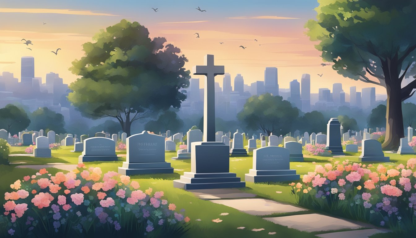 A serene cemetery with a peaceful atmosphere, featuring headstones and flowers, contrasting with a bustling city skyline in the background