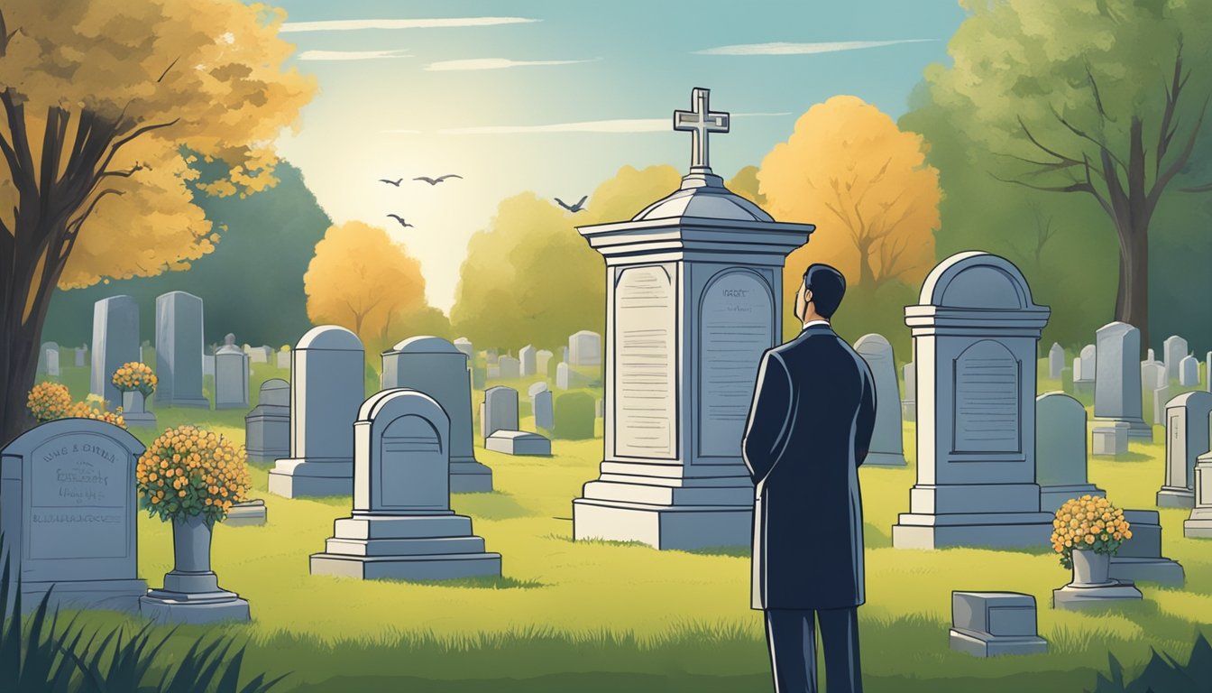 A serene cemetery with a gravestone and an insurance agent discussing burial insurance for those over 90