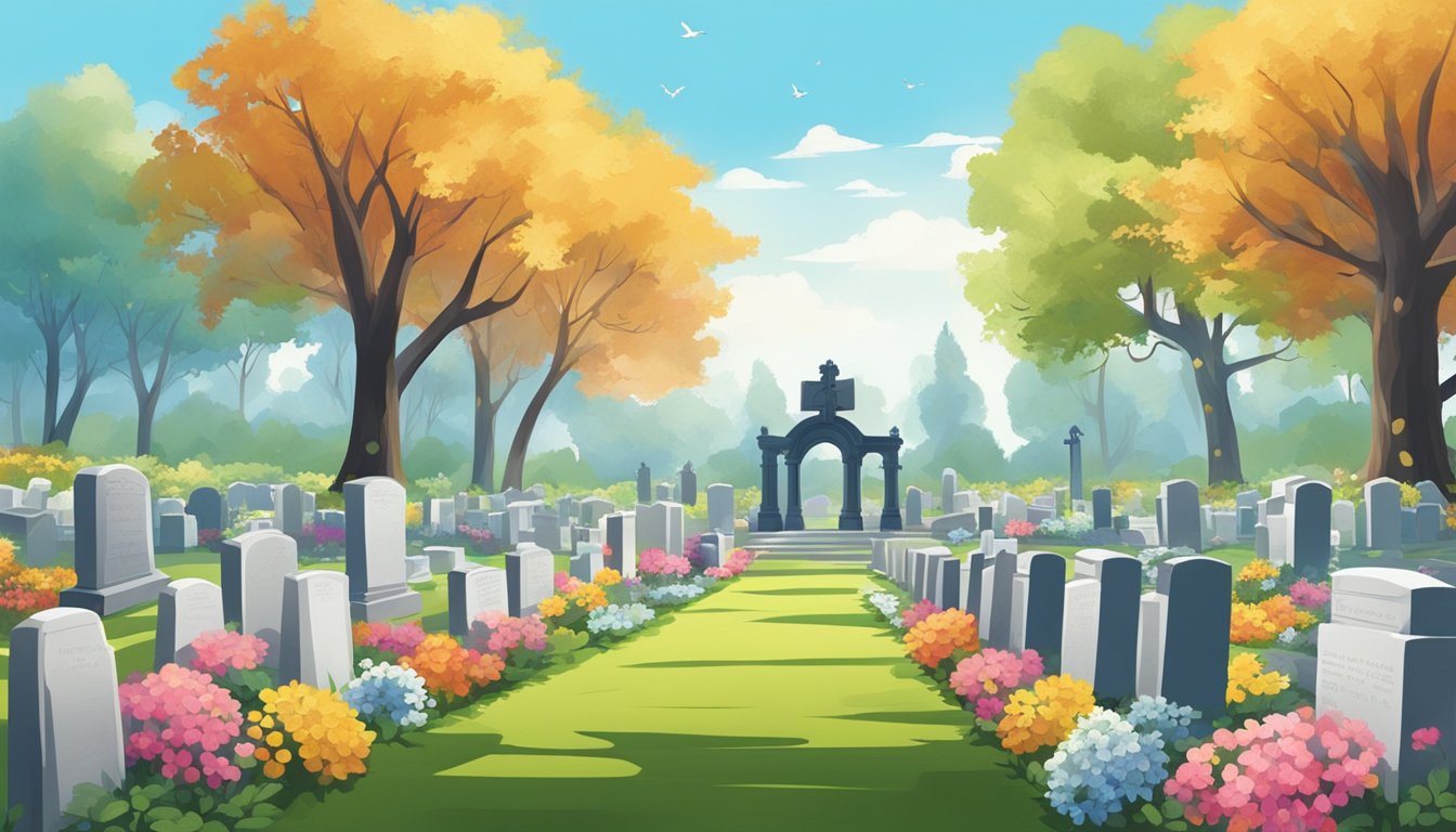 A serene cemetery with rows of headstones, surrounded by colorful flowers and trees, under a clear blue sky