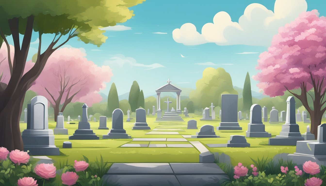 A serene cemetery with a peaceful atmosphere, gravestones and flowers, surrounded by a beautiful landscape