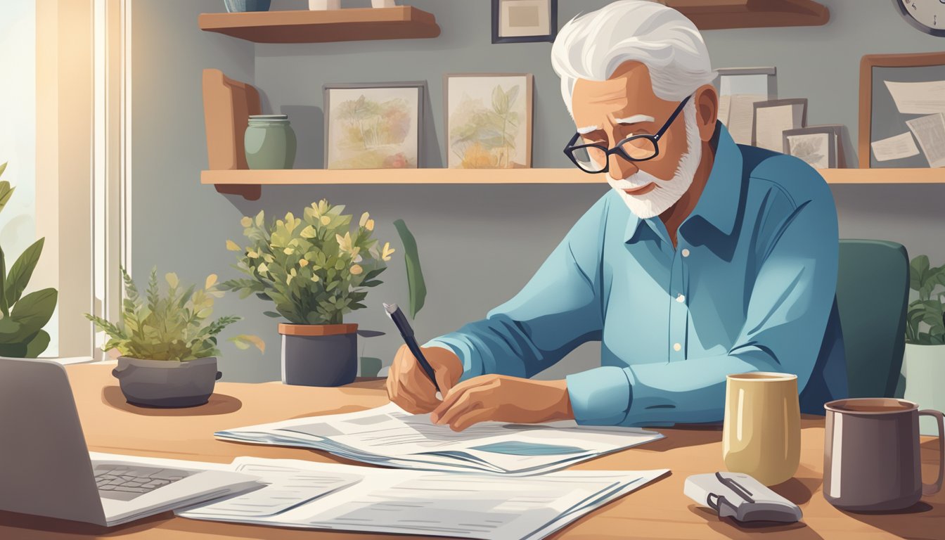 A serene elderly person sitting at a kitchen table, surrounded by family photos and documents, while a representative explains burial insurance options