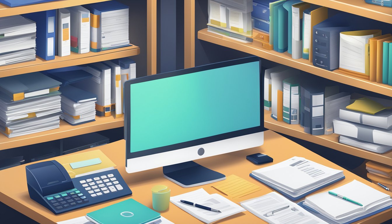 A desk with a computer, calculator, and paperwork, surrounded by shelves of insurance policy binders and folders