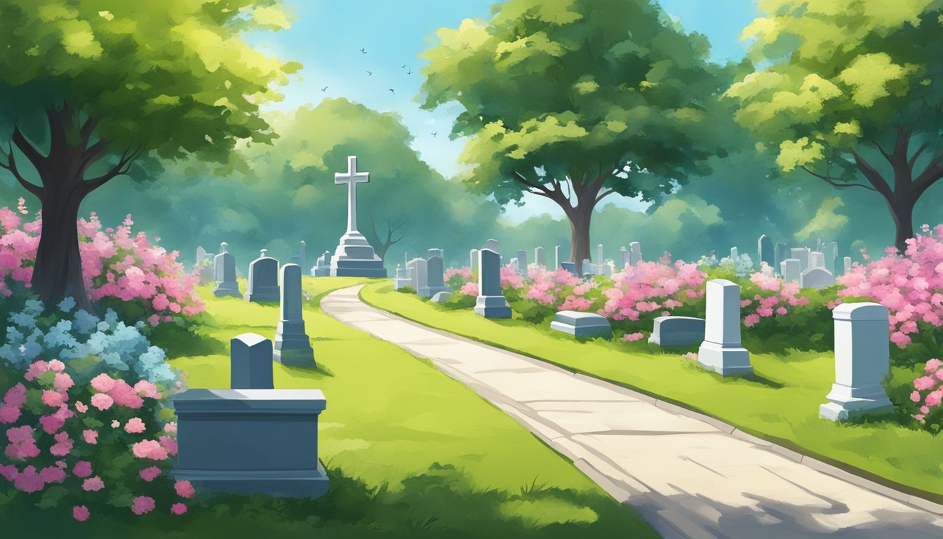 A serene cemetery with a peaceful atmosphere, surrounded by lush greenery and blooming flowers, with a clear blue sky overhead