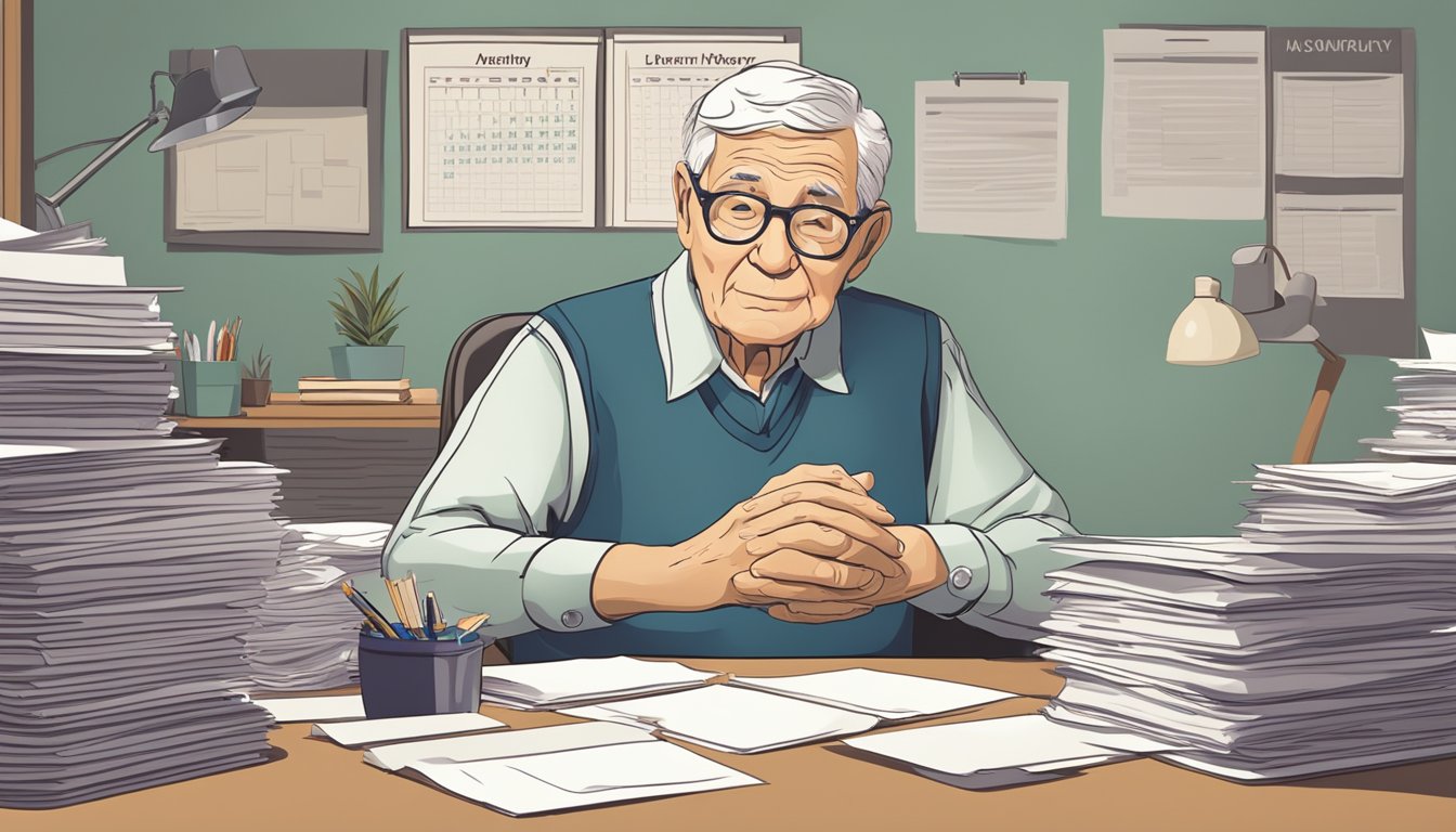 An elderly person sitting at a desk, surrounded by paperwork and insurance policy documents. A calendar on the wall shows the date