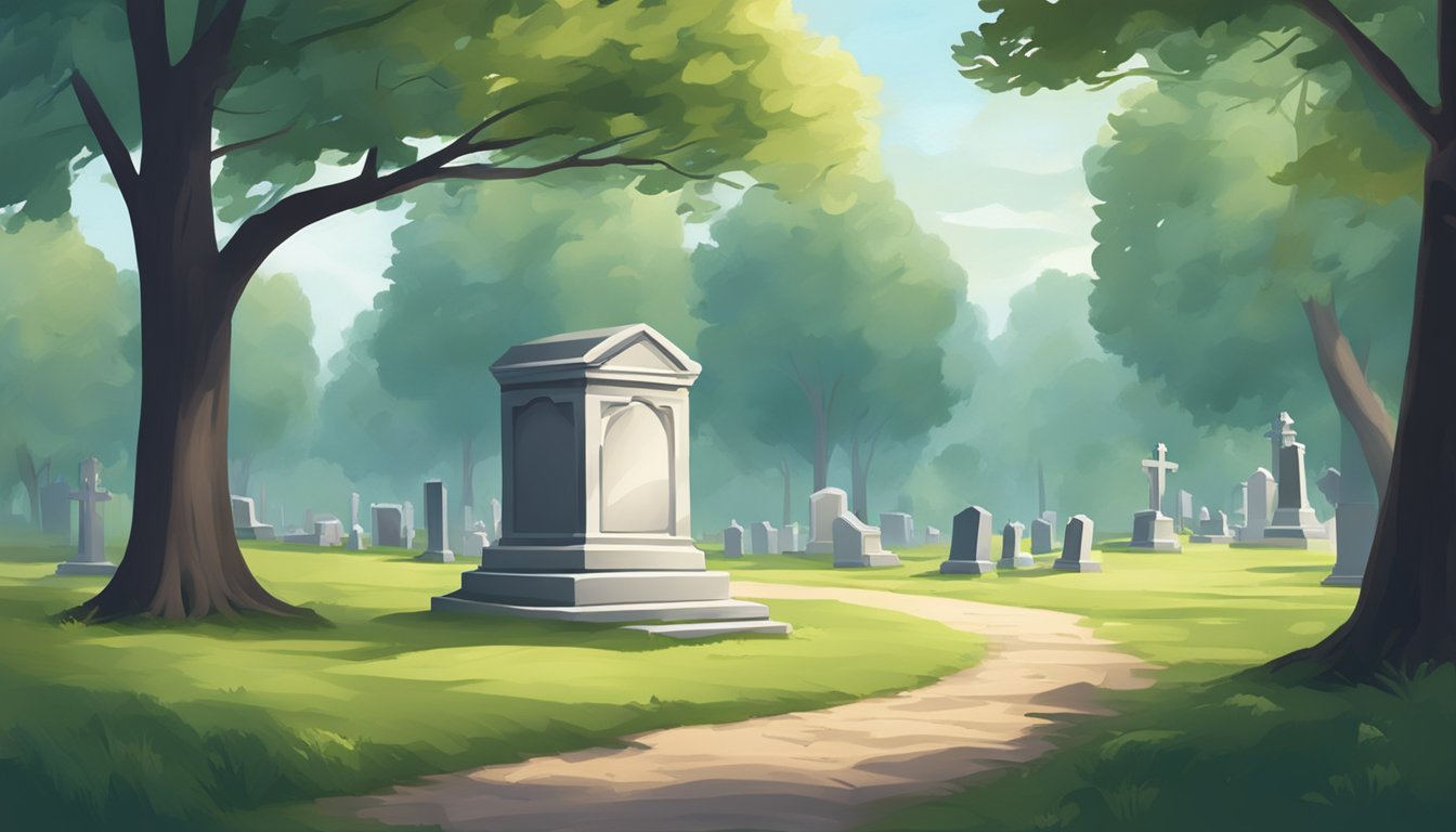 A serene graveyard with a lone tombstone in a peaceful setting, surrounded by tall trees and a gentle breeze