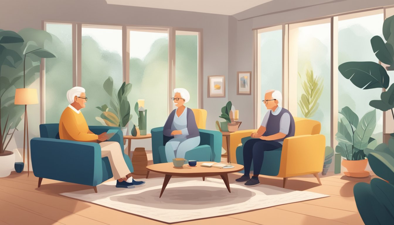 A serene elderly couple discussing final expense insurance costs with a financial advisor in a cozy living room setting