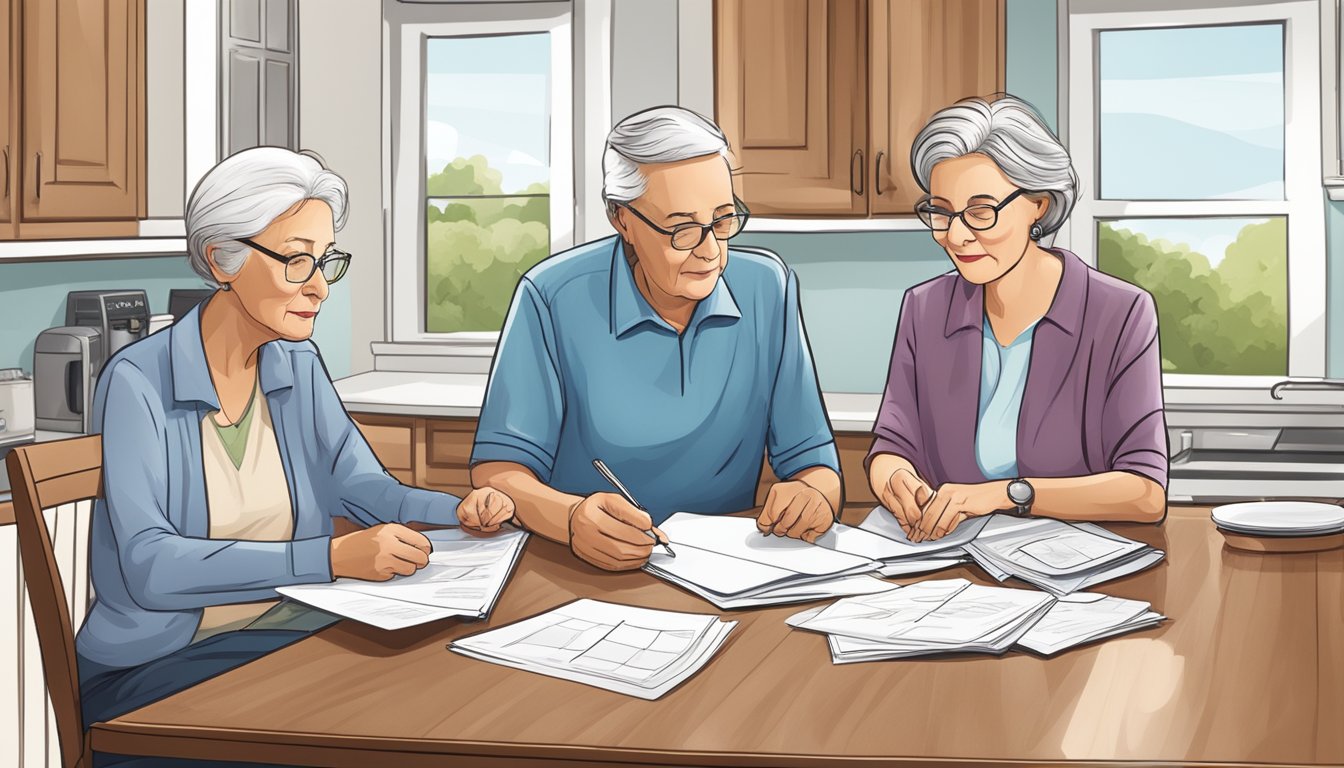 A serene elderly couple sitting at a kitchen table, reviewing paperwork with a financial advisor. On the table are brochures and a calculator