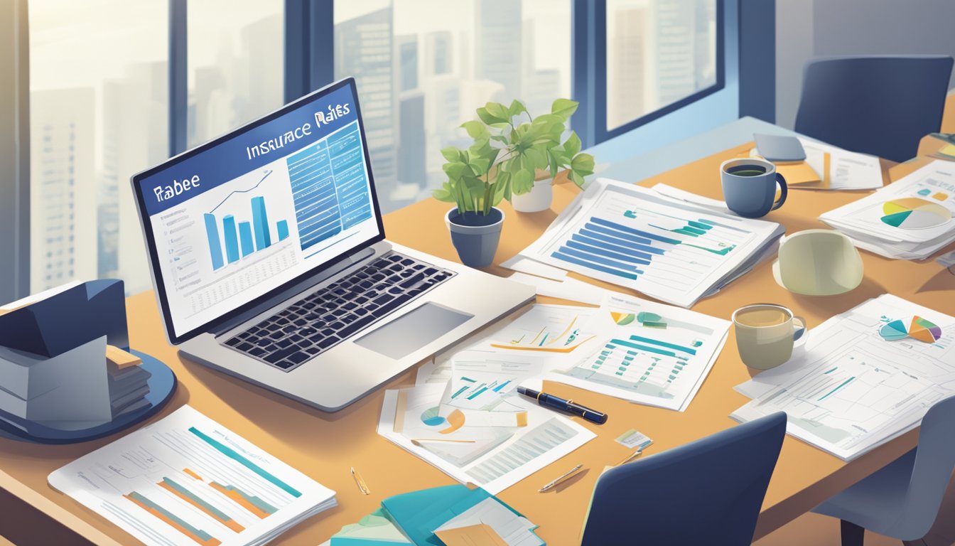 A table with various insurance plan options and rates displayed, surrounded by documents and charts