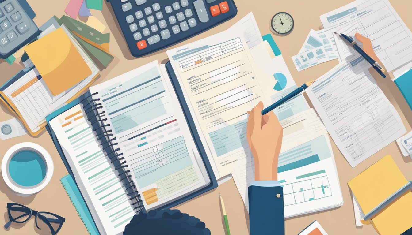 A person comparing different final expense insurance plans with a calculator and various documents spread out on a desk