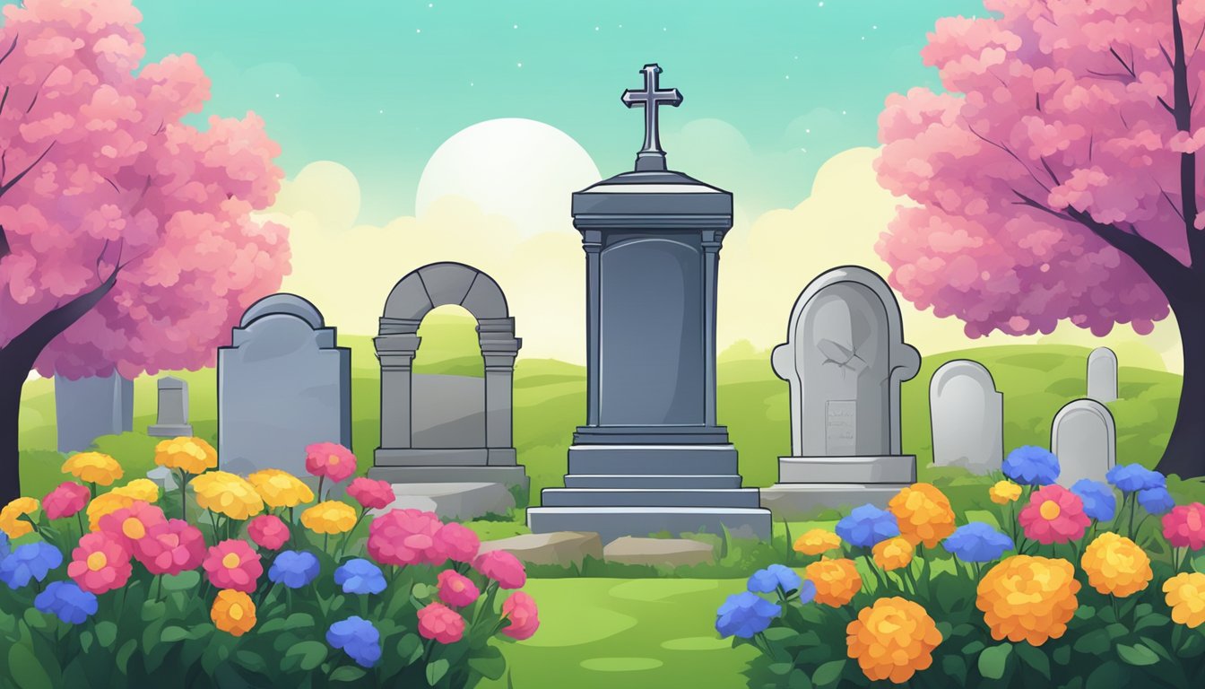 A serene cemetery with a gravestone and colorful flowers