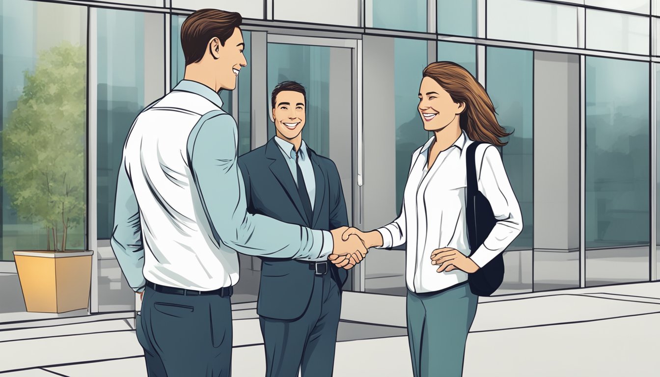 A smiling insurance agent shaking hands with a satisfied client in front of a modern office building