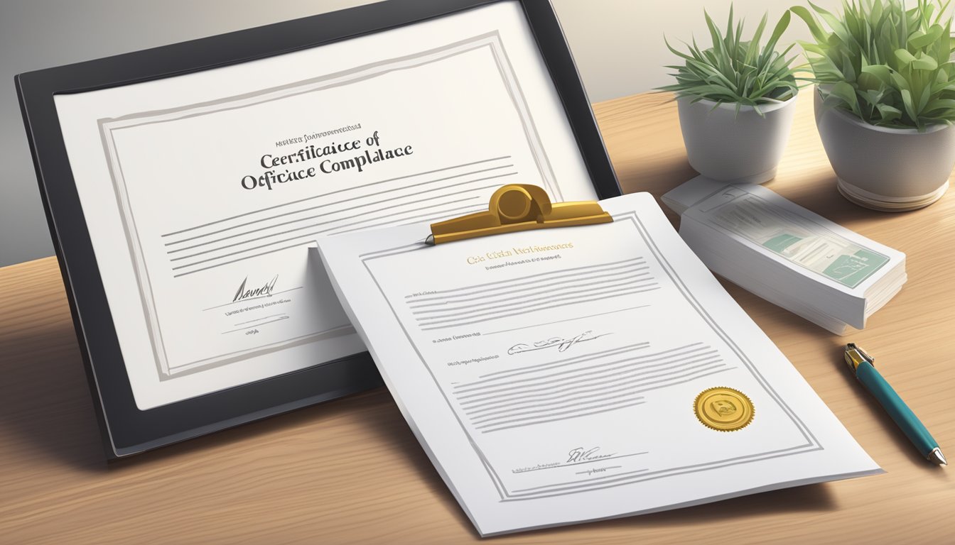 A clean, modern office desk with a laptop, paperwork, and a pen. A framed certificate of compliance hangs on the wall