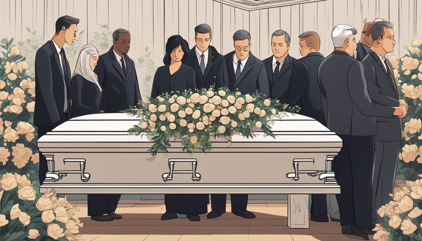 A somber funeral setting with a group of people gathered around a casket, surrounded by flowers and with a funeral insurance business plan pdf on a nearby table