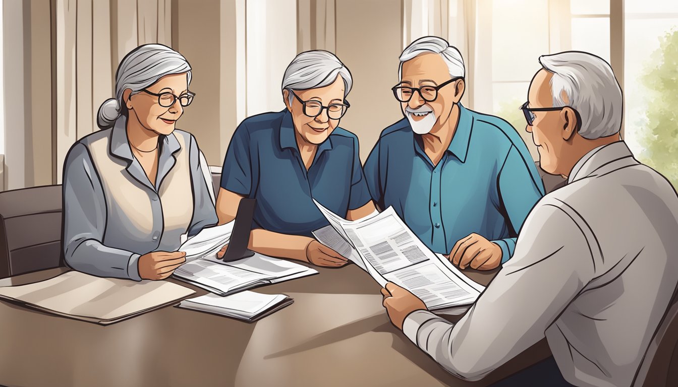 A senior couple reviewing funeral insurance brochures and discussing policy options with a representative