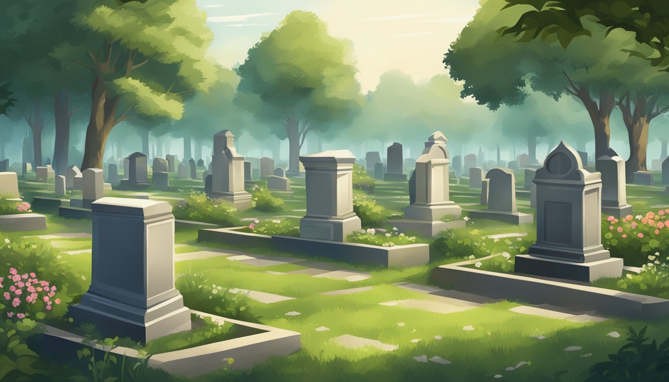 A peaceful cemetery with rows of gravestones, surrounded by lush greenery and a tranquil atmosphere