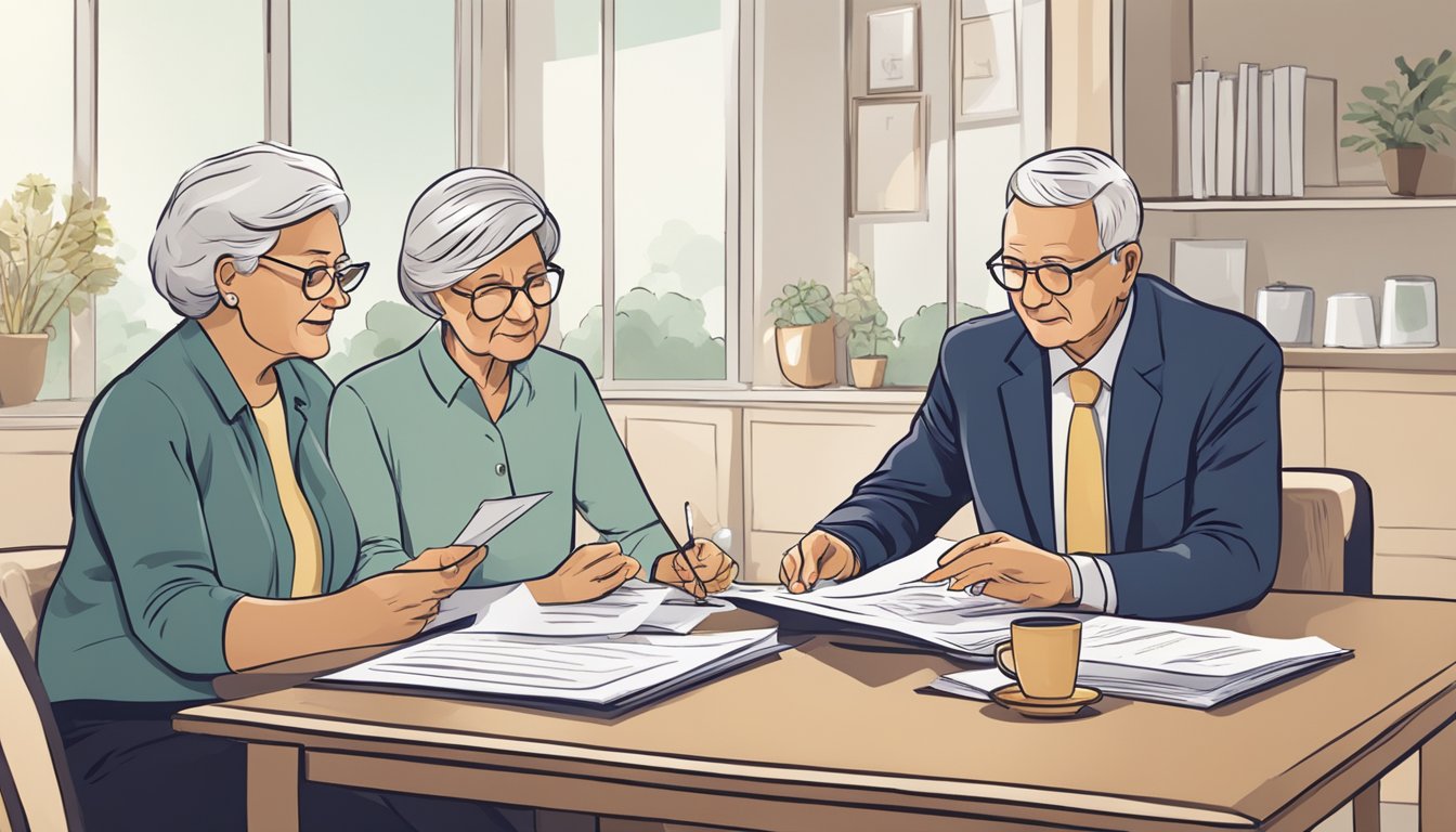 A senior couple sits at a table, reviewing documents with a funeral insurance agent. The agent gestures towards a brochure, while the couple nods in agreement