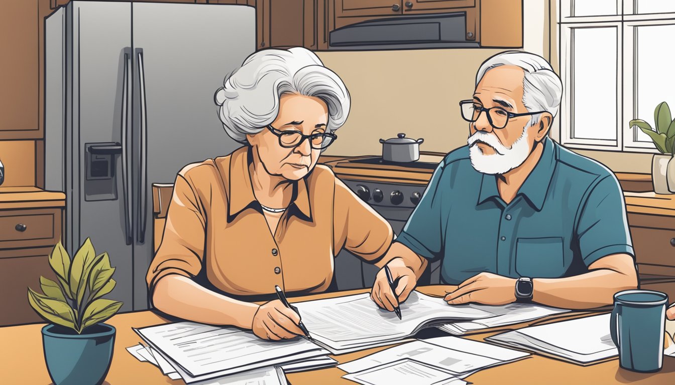 A senior couple sitting at a kitchen table reviewing paperwork with a concerned expression, while a representative explains funeral insurance options