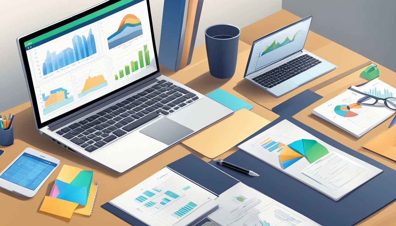 An office desk with a laptop, calculator, and documents. A graph showing growth projections. A briefcase with the company logo