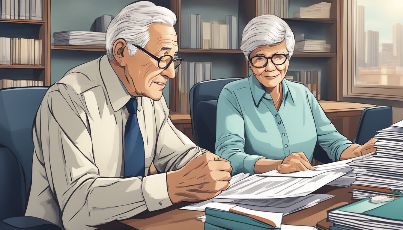 An elderly person speaking with an insurance agent in an office, with paperwork and forms on the desk