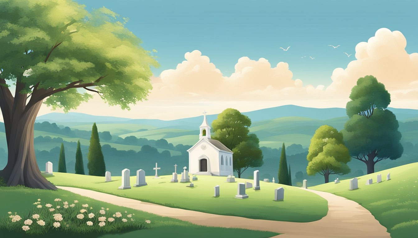 A serene, tree-lined cemetery with a small, peaceful chapel and an open field, surrounded by a tranquil landscape of rolling hills and a clear blue sky