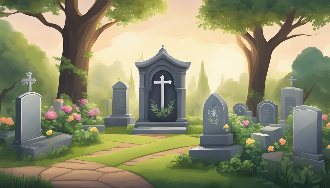 A serene cemetery with a tombstone adorned with a company logo, surrounded by peaceful, lush greenery