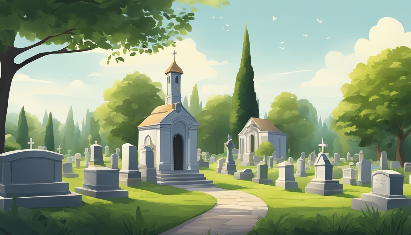 A serene cemetery with a peaceful atmosphere, surrounded by lush greenery and gravestones, with a small chapel in the background