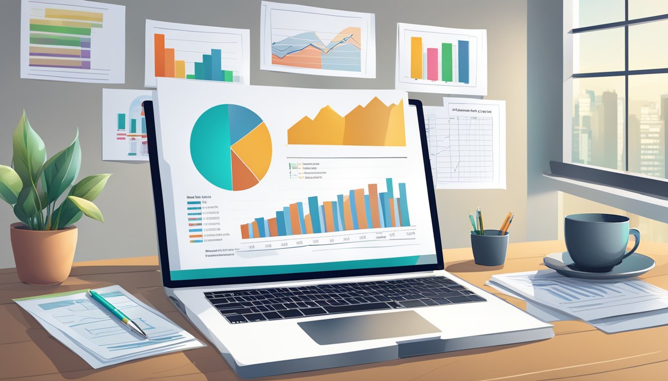 A table with a laptop, financial documents, and a pen. A chart showing insurance statistics on the wall