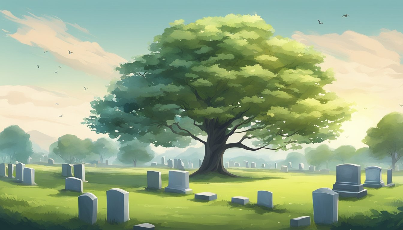 A peaceful cemetery with a solitary tree and a gentle breeze