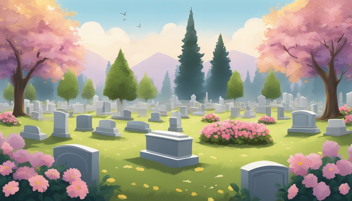 A serene cemetery with an empty gravesite surrounded by flowers and a peaceful, comforting atmosphere