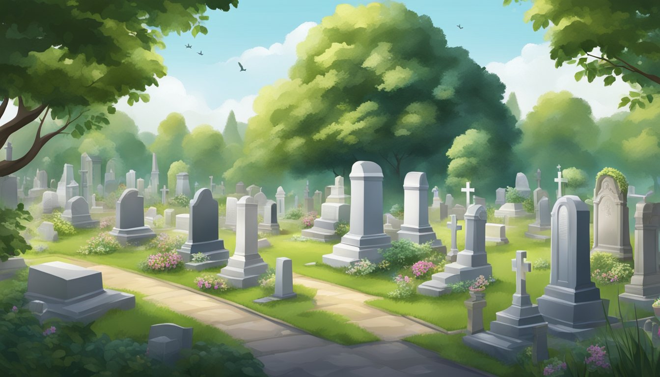 A serene cemetery with a peaceful atmosphere, surrounded by lush greenery and adorned with elegant headstones and memorials