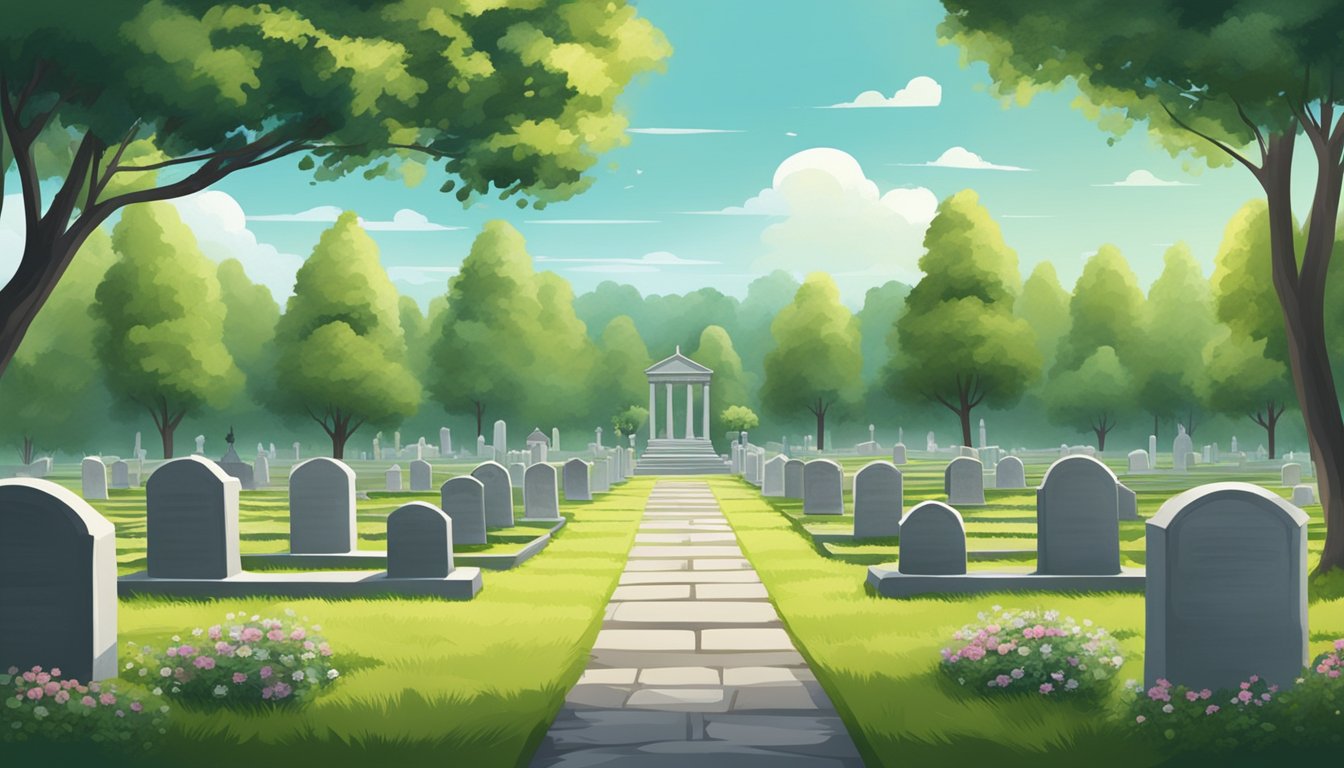 A peaceful cemetery with rows of headstones, surrounded by lush greenery and a serene atmosphere